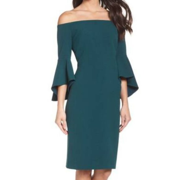 Chelsea28 | Off the Shoulder Dress with Bell Sleeves | Emerald | Size 6 - Picture 4 of 7